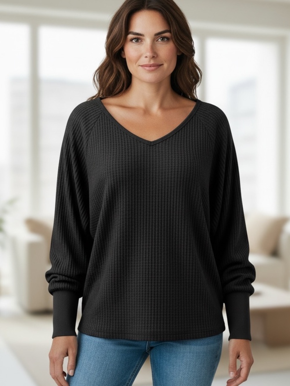 🆕 Free People Santa Clara Thermal Black Waffle Knit V-Neck Long Sleeve Top Small